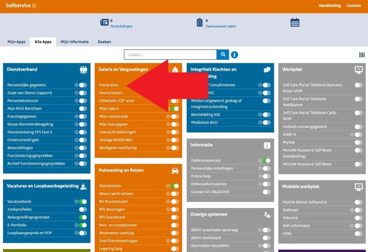 Kies bij 'Salaris en Vergoedingen' voor 'Declaraties' en klik op 'toevoegen.